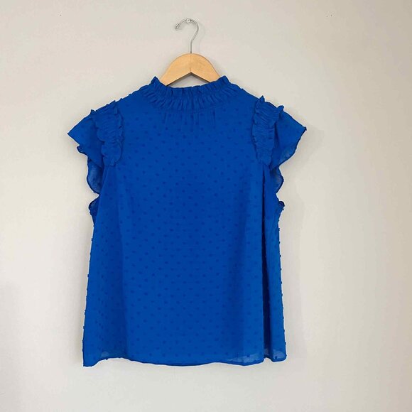 CeCe Blue Clip Dot Ruffle Mock Neck Crepe Top Size Small - Picture 1 of 6